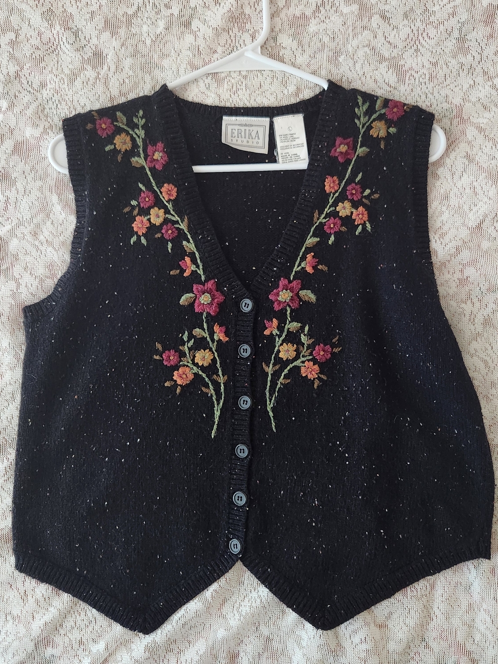 Large Vintage Cottage Erika Black Knit Floral Embroidered Button Vest